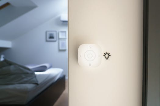 A minimalist bedroom featuring a smart home automation switch on the wall for controlling devices.